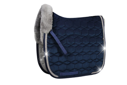 Lammfell Schabracke Samt Dressur Gr. L Navy, Grau, mit Crystal Kordel