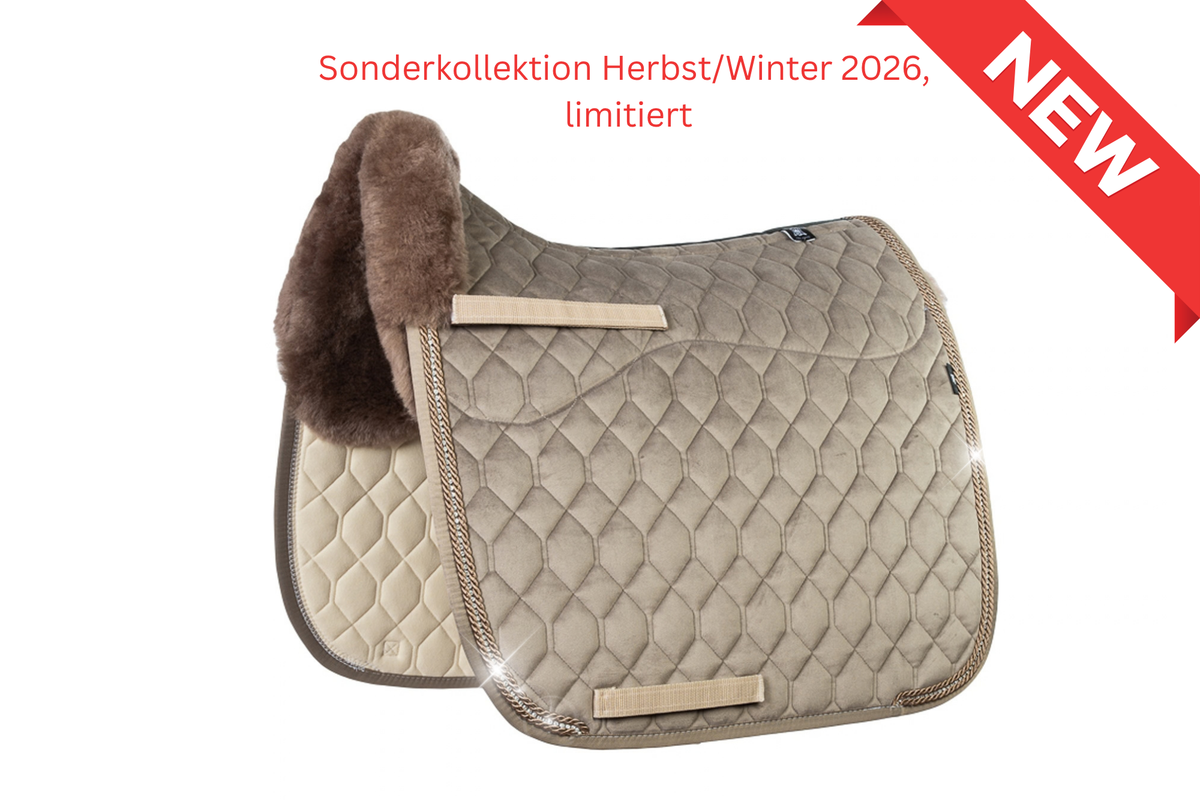 Lammfell Schabracke Dressur Gr. L, Samt, Moon Rock, Crystal Kordel, limitiert