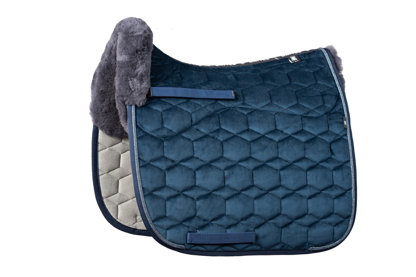 Lammfell Schabracke Dressur Gr. L, Samt, Navy mit Webkordel