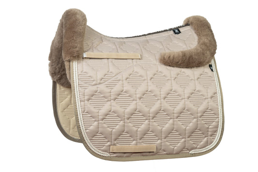 Lammfell Schabracke Dressur Gr. L, Glanzstoff, Walnuss mit Crystal Kordel