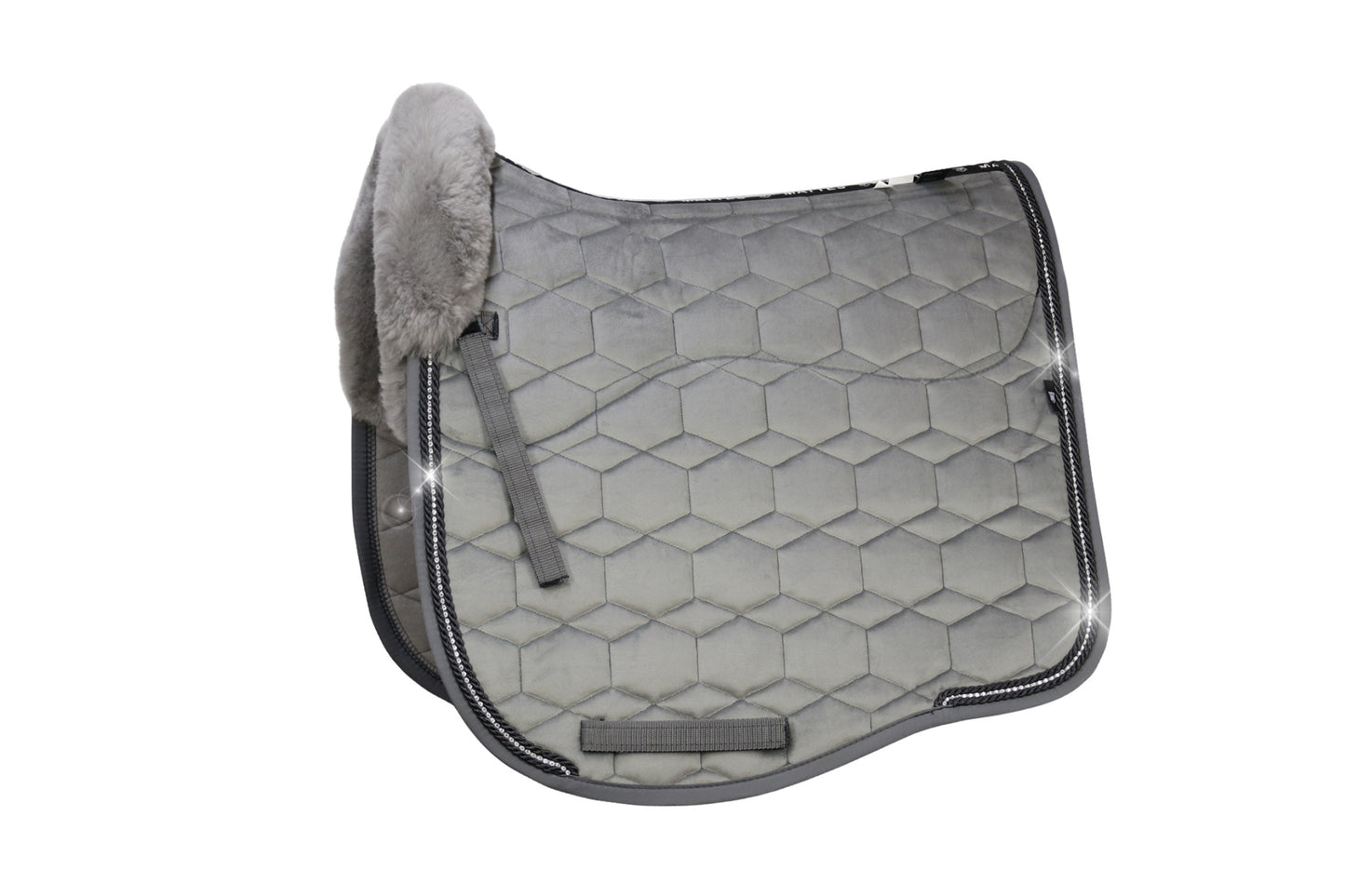 Eurofit Lammfell Schabracke Samt Dressur Gr. L Schiefer, Grau mit Crystal Kordel