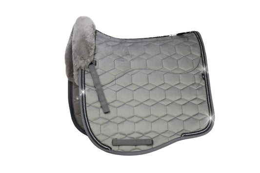 Eurofit Lammfell Schabracke Samt Dressur Gr. L Schiefer, Grau mit Crystal Kordel