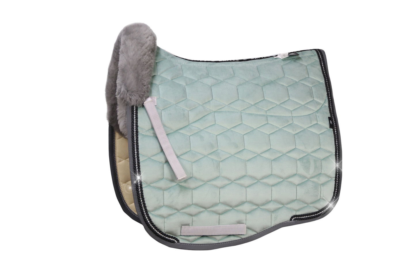 Eurofit Lammfell Schabracke Samt Dressur Gr. L Pale Jade, Grau mit Crystal Kordel