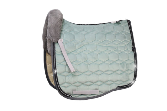 Eurofit Lammfell Schabracke Samt Dressur Gr. L Pale Jade, Grau mit Crystal Kordel