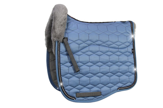 Eurofit Lammfell Schabracke Glanzstoff Dressur Gr. L Cornet Blue, Grau mit Crystal Kordel