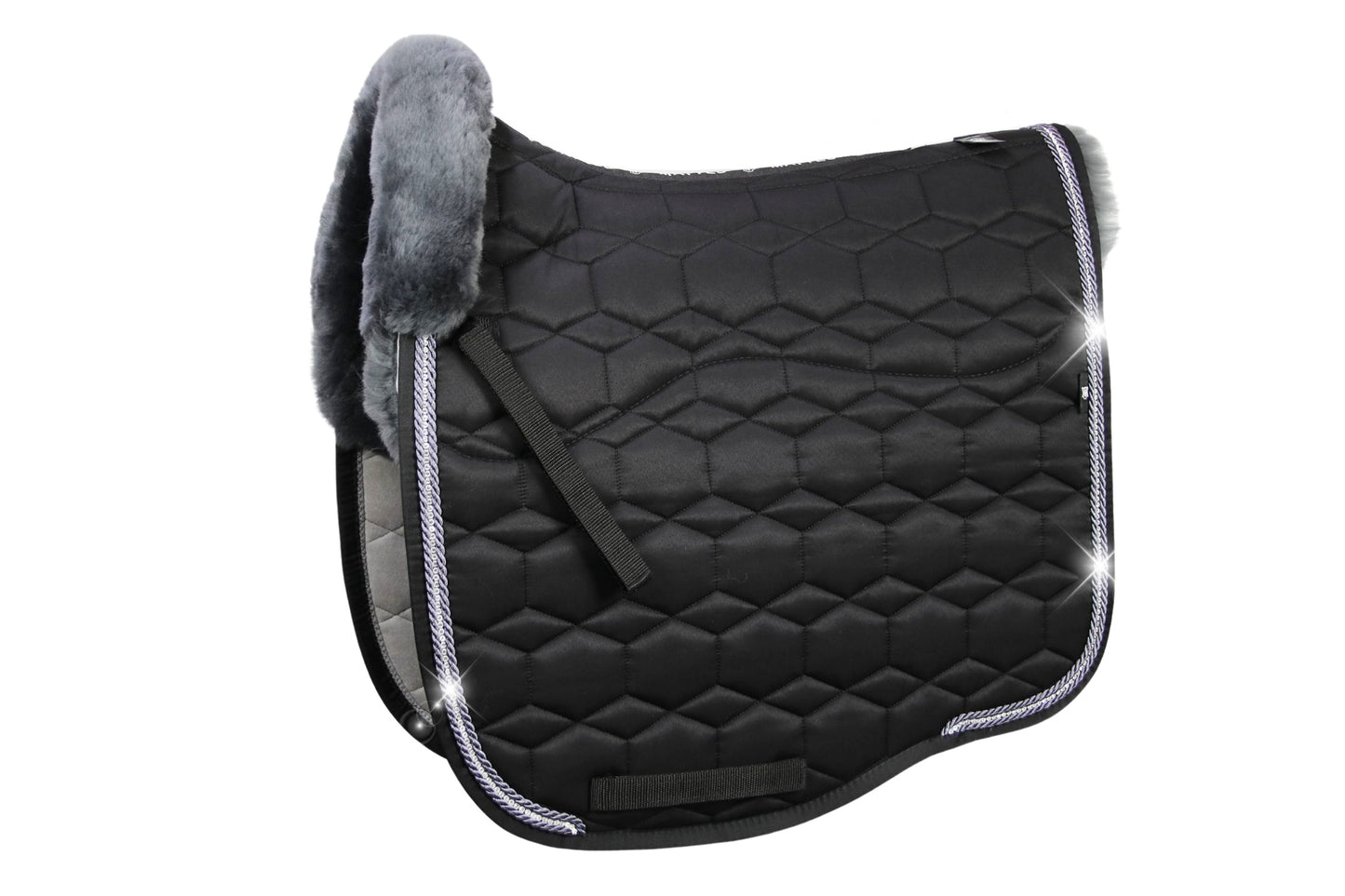 Eurofit Lammfell Schabracke Glanzstoff Dressur Gr. L Schwarz, Grau mit Crystal Kordel
