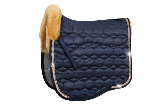 Eurofit Lammfell Schabracke Glanzstoff Dressur Gr. L Navy, Honig mit Crystal Kordel